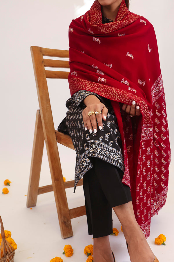 Winter Block Print Suit with Shawl -  BP-238 BKM