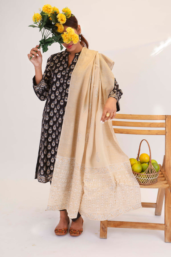 Winter Block Print Suit with Shawl BP-271 BKF