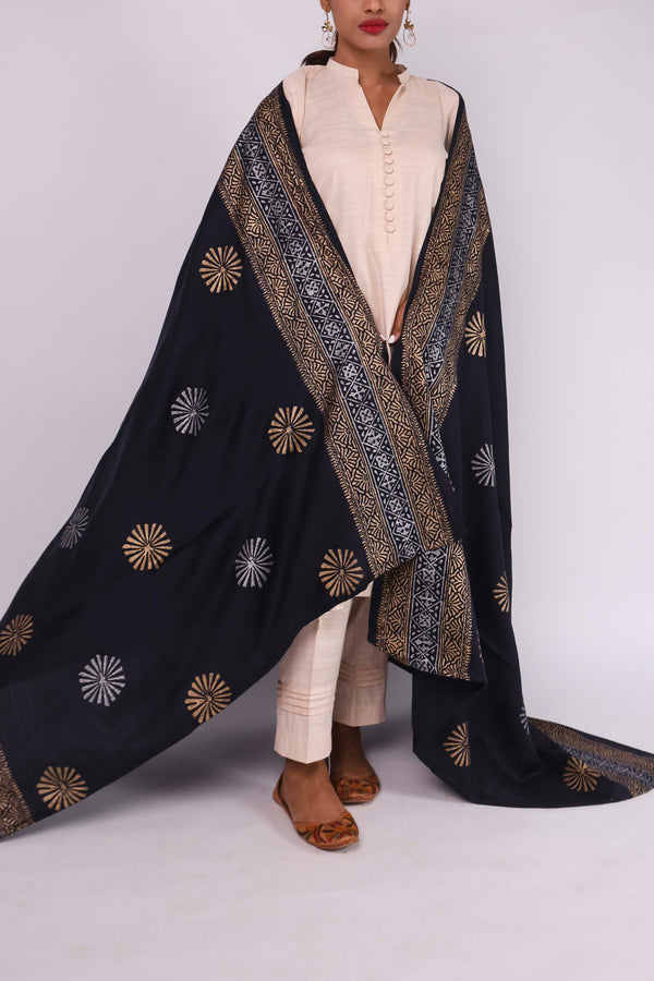 Shawl - Block Printed - Navy Blue