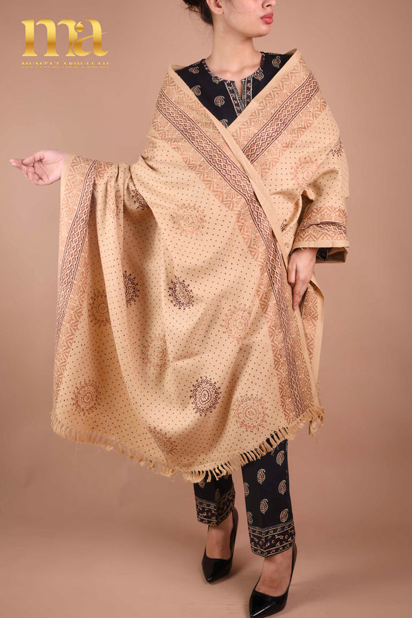 Shawl - Block Printed - Beige