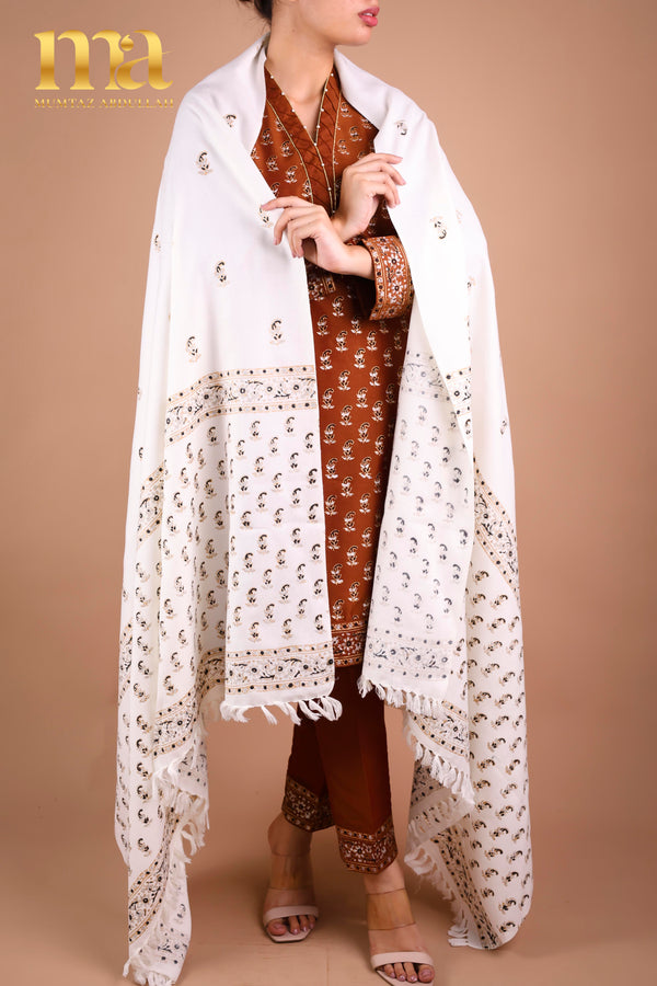 Shawl - Block Printed - White