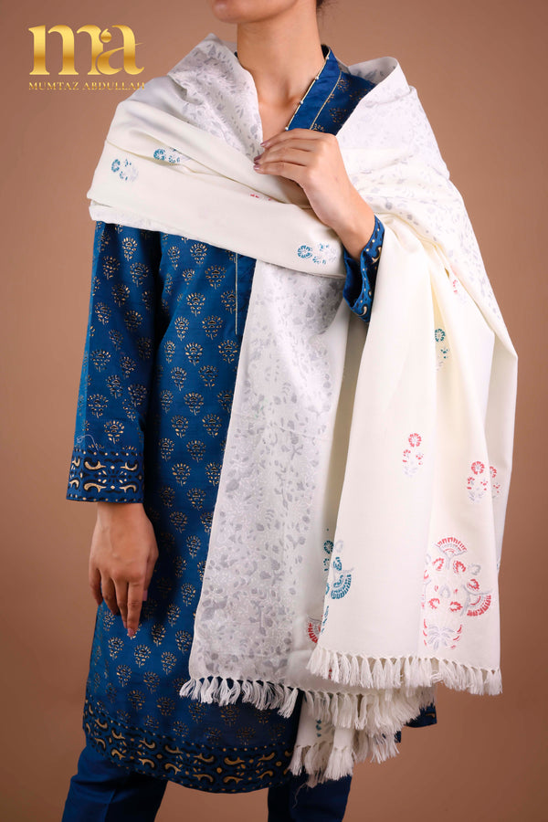 Shawl - Block Printed - White